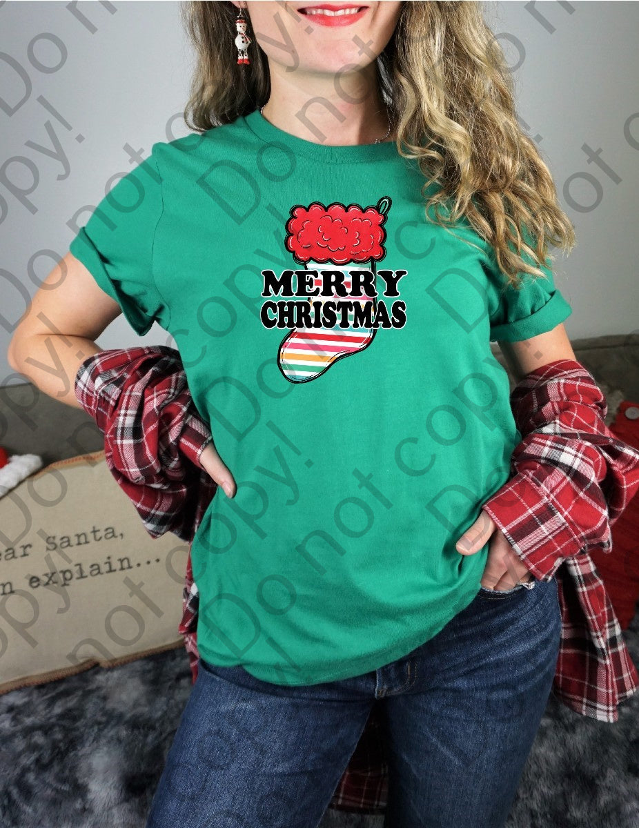 12-369 Merry Christmas Colored Stripes Stocking Completed Tee