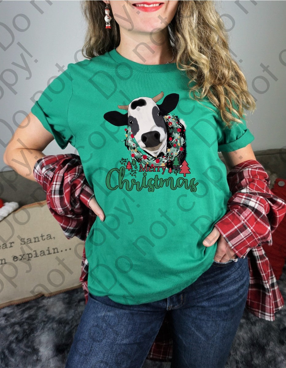 12-370 Merry Christmas Cow with Wreath DTF TRANSFER ONLY