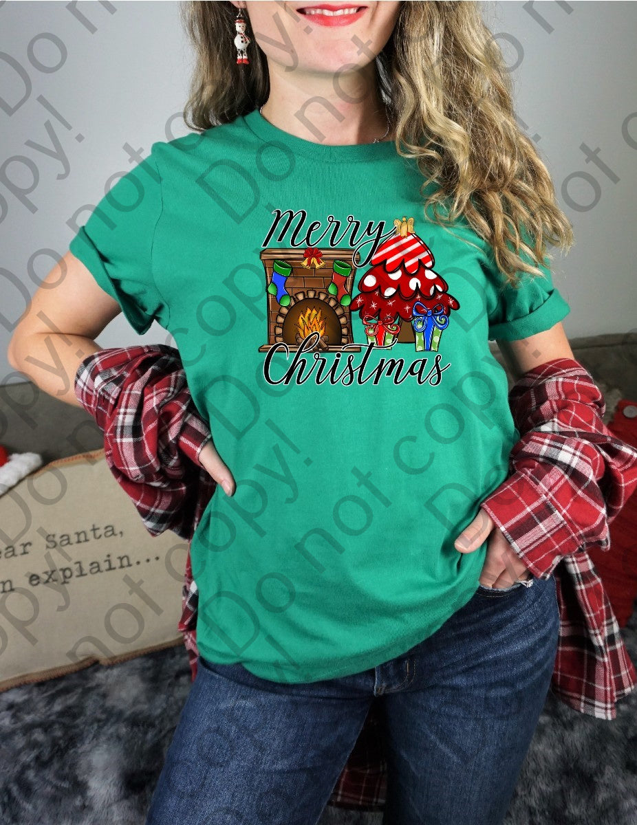 12-371 Merry Christmas Fireplace Scene DTF TRANSFER ONLY