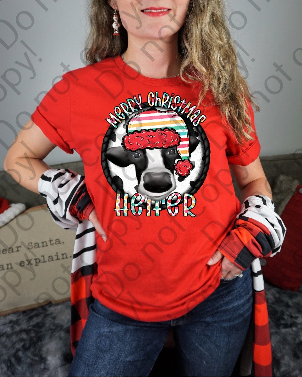 12-377 Merry Christmas Heifer Colored Stripes and Polka Dots DTF TRANSFER ONLY