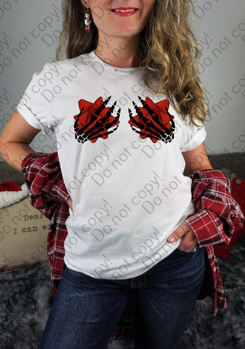 12-405 Skeleton Hands Christmas Bows - Red DTF TRANSFER ONLY