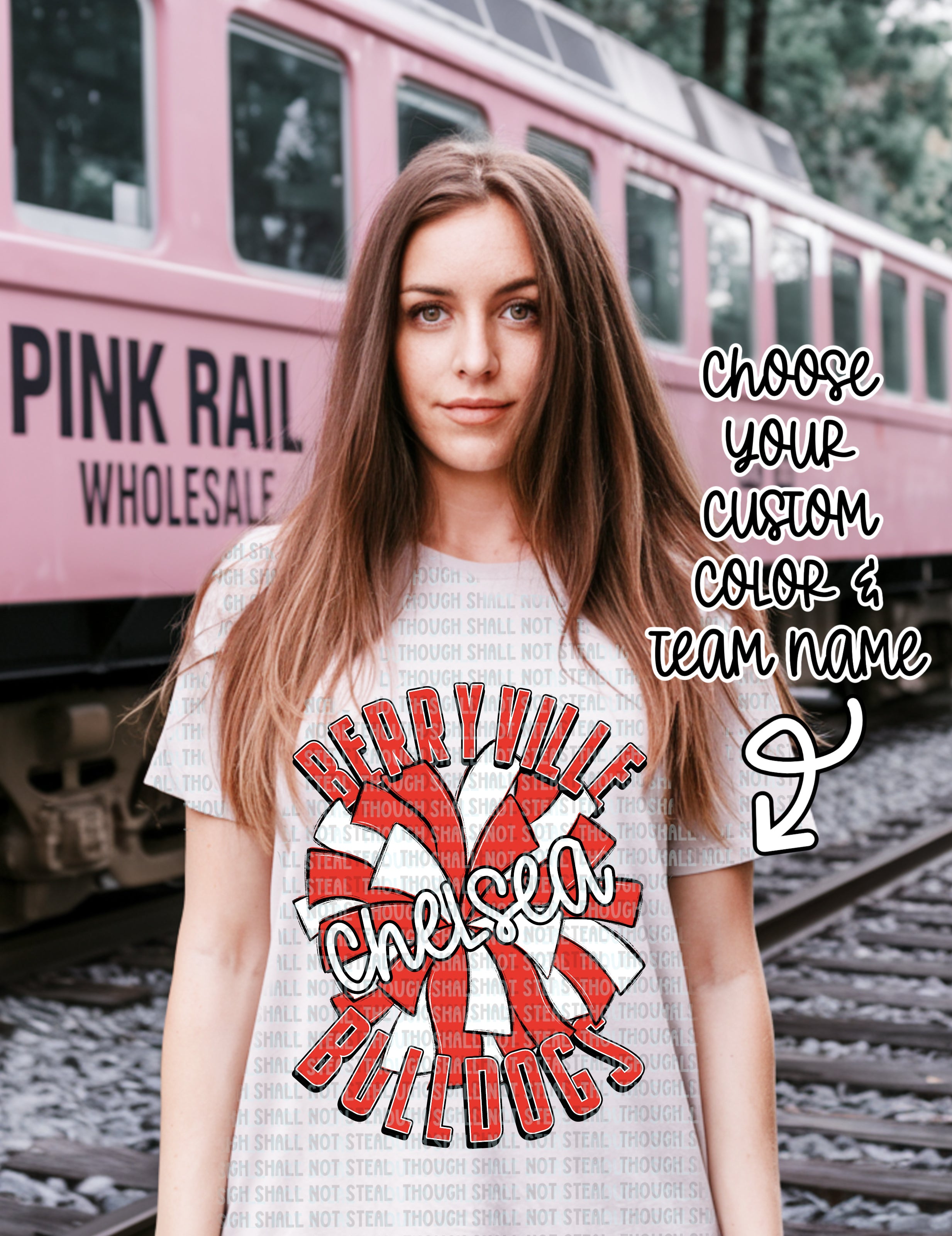 13-116 Cheer with PomPom Custom Color, Team Name and Personalization Completed Tee