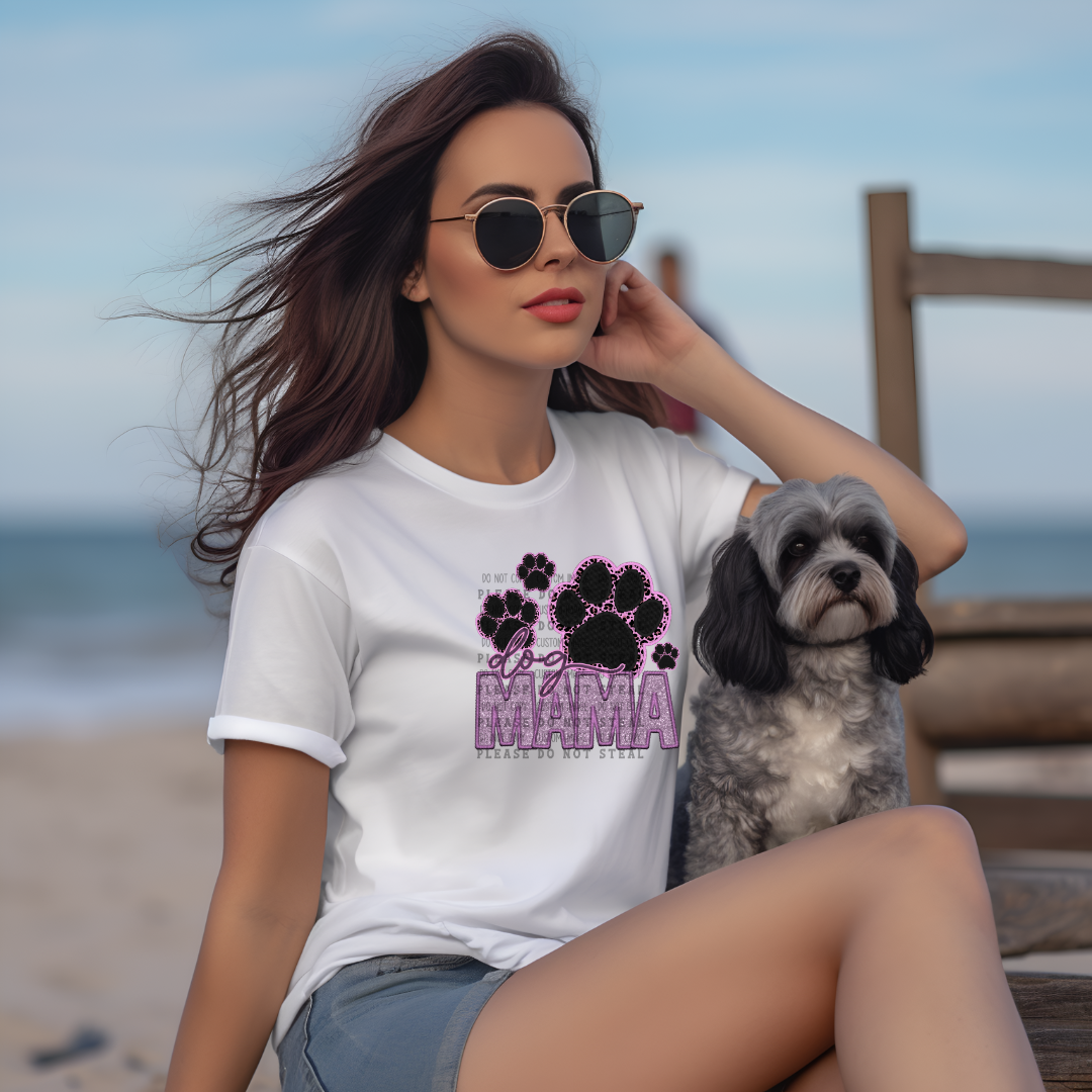 19-16 Dog Mama embroidered Black & Purple Glitter Cheetah Pattern  DTF TRANSFER ONLY