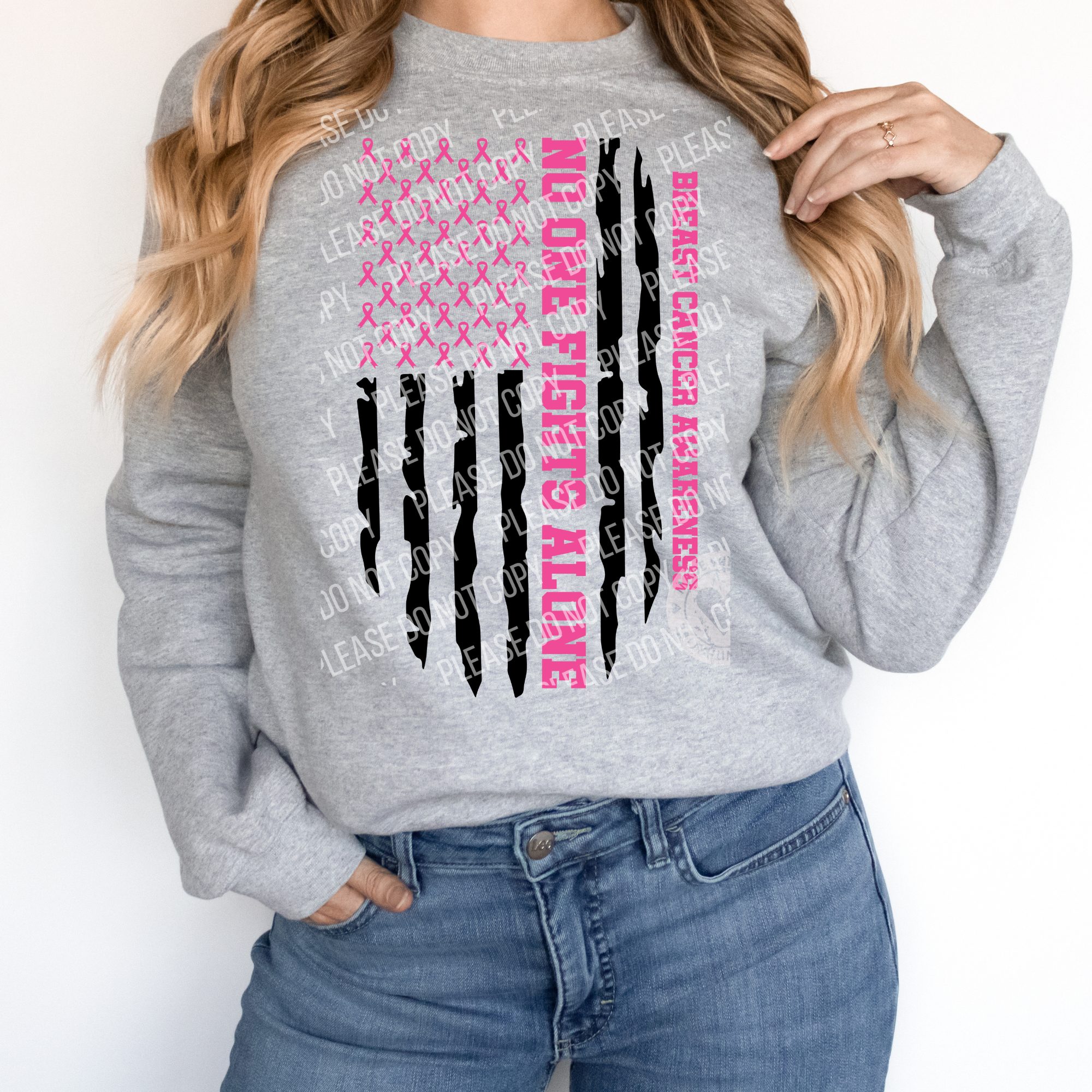 45-110 No One Fights Alone Distressed Flag Breast Cancer Awareness DTF ...