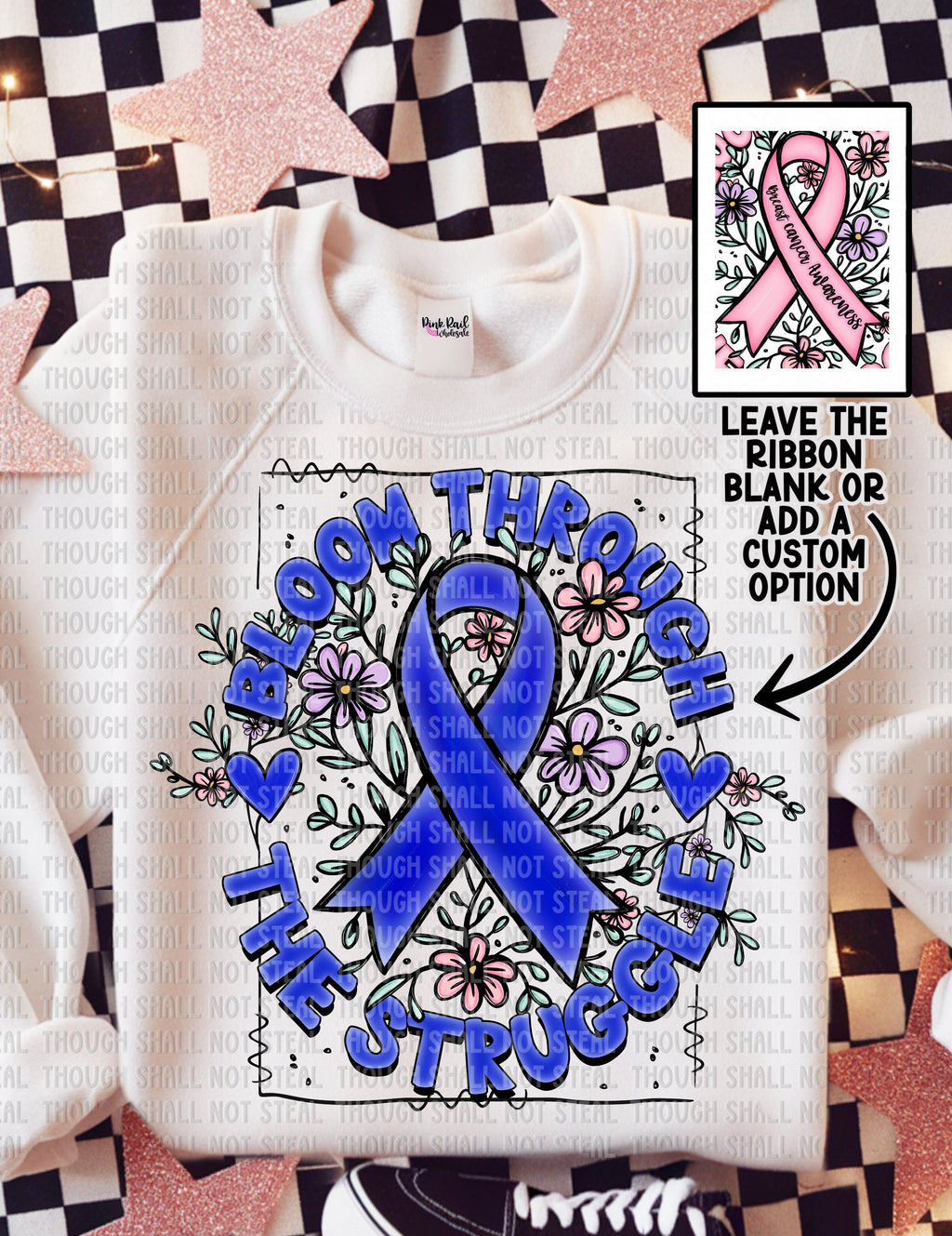 26-142 Bloom Through The Struggle - Dark Blue Ribbon Completed Tee