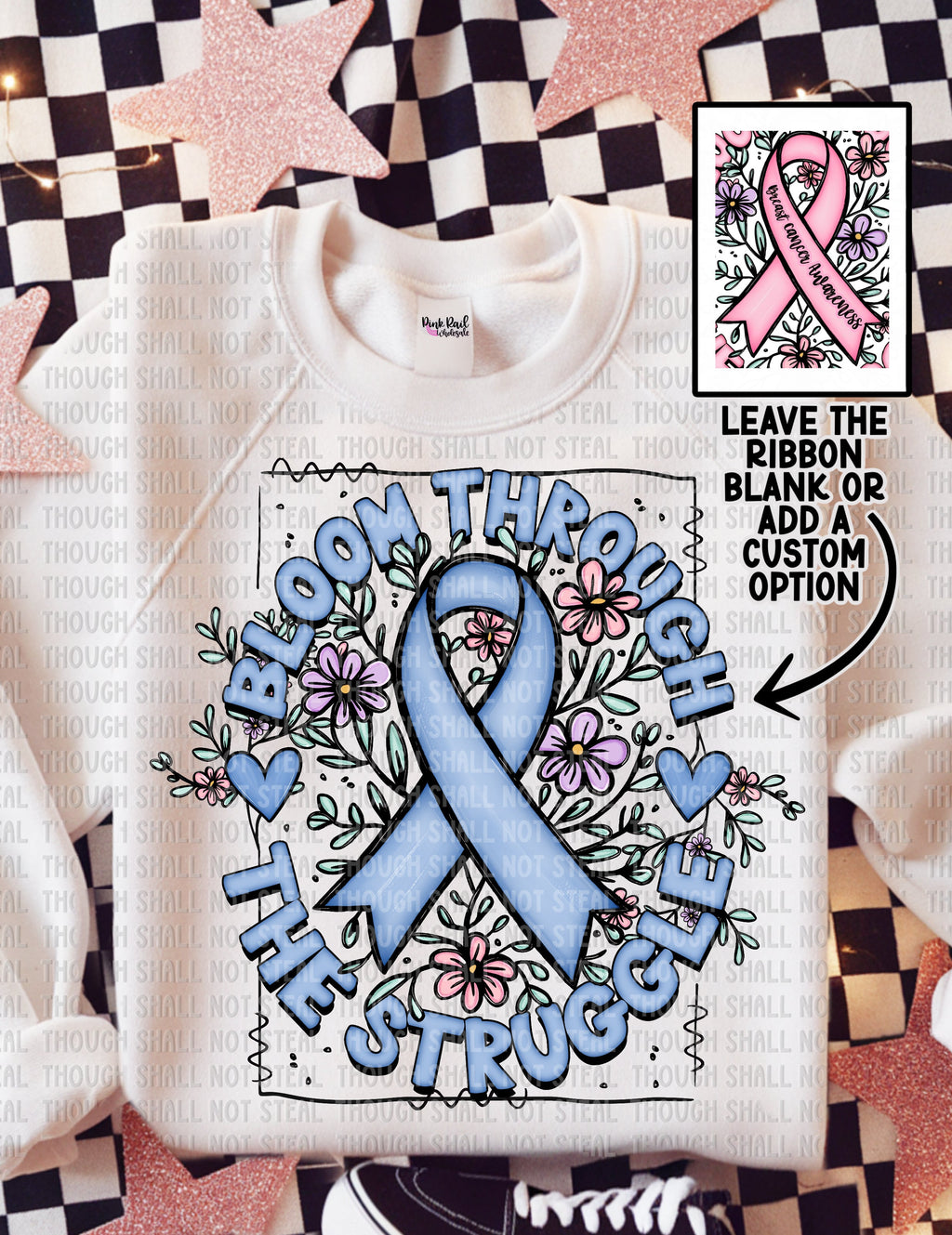 26-145 Bloom Through The Struggle - Light Blue Ribbon Completed Tee