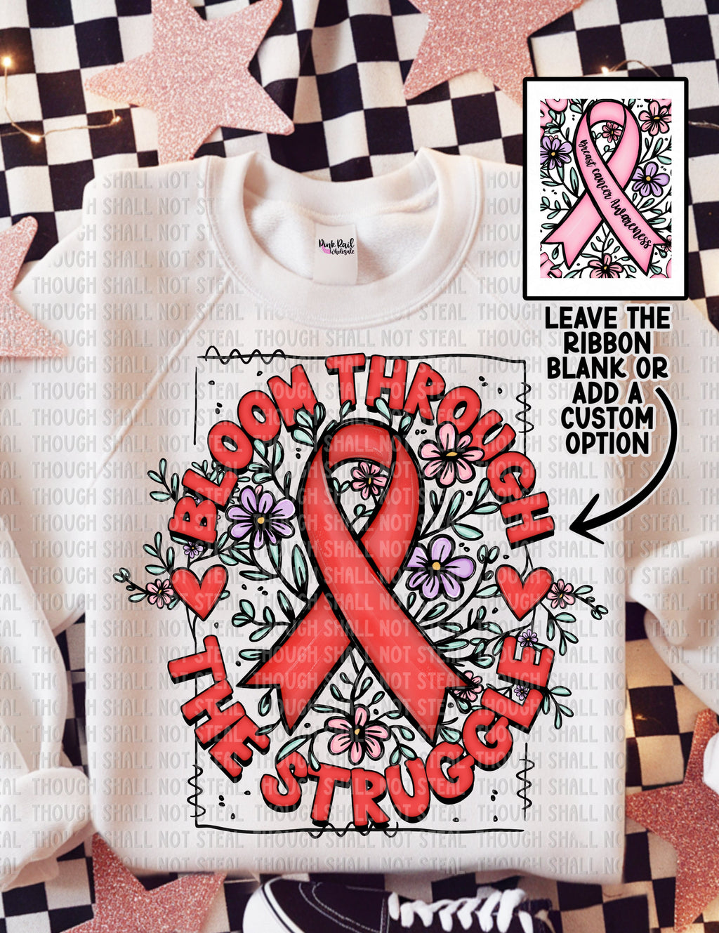 26-148 Bloom Through The Struggle - Red Ribbon mock Completed Tee