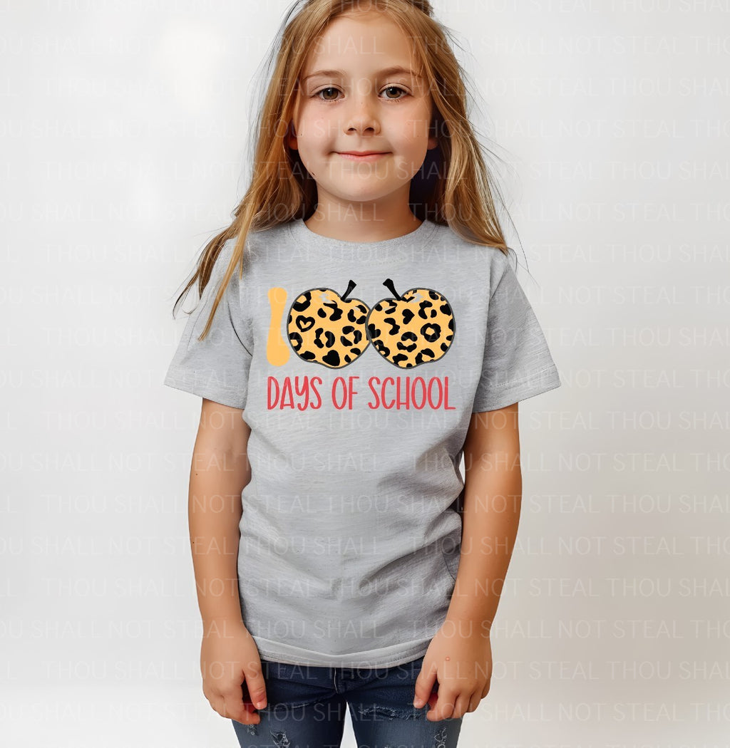 27-72 100 Days of School Apples Cheetah Print Completed Tee