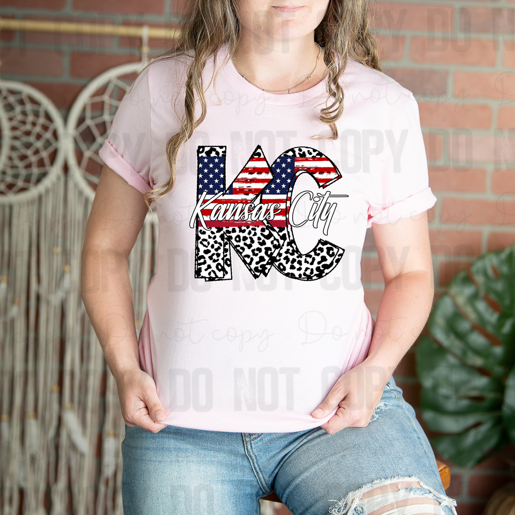 30-294 Kansas City Red White and Blue Faux Leopard Patriotic Completed Tee