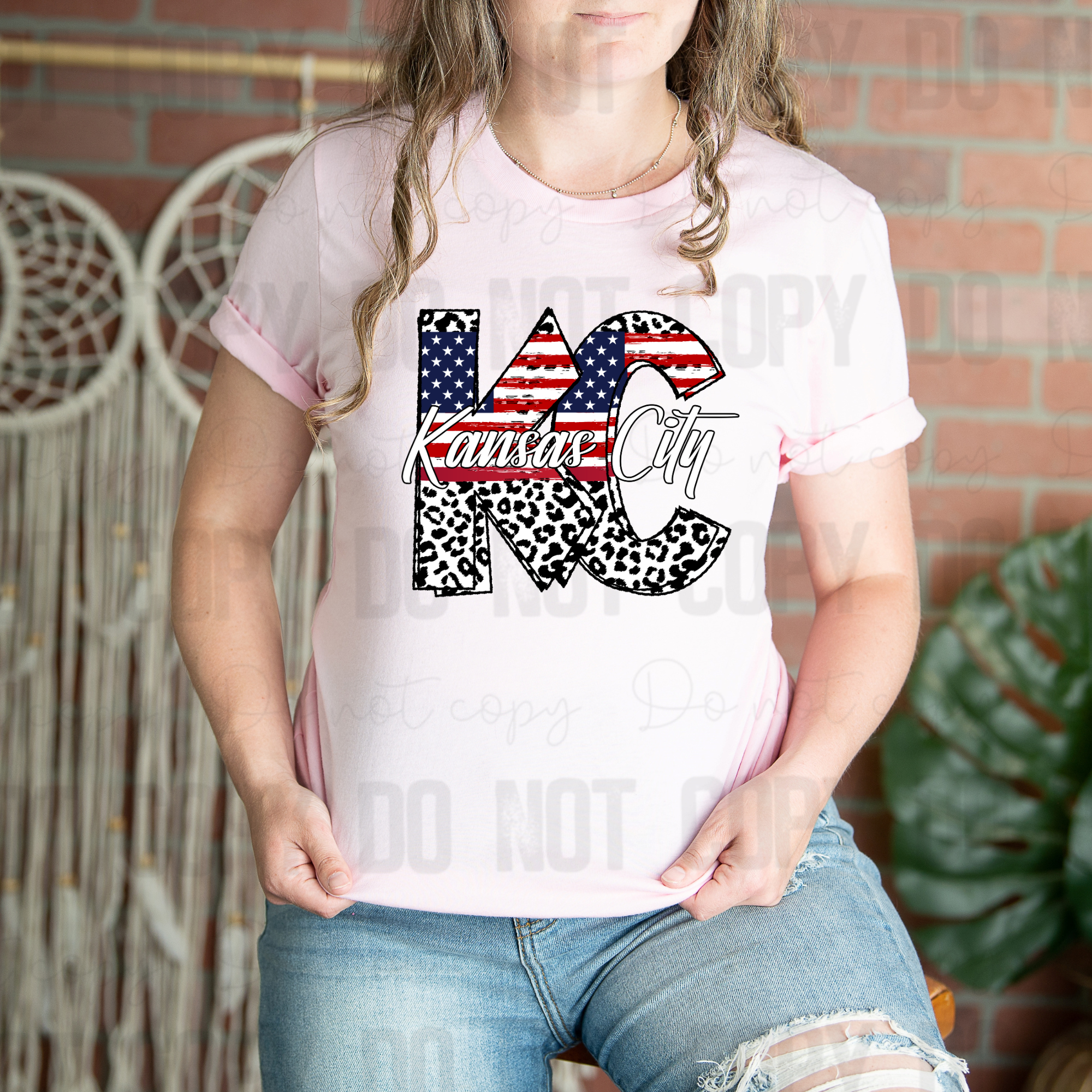 30-294 Kansas City Red White and Blue Faux Leopard Patriotic Completed Tee