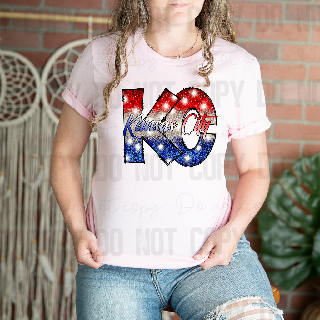 30-296 Kansas City Red White And Blue Faux glitter Patriotic Completed Tee