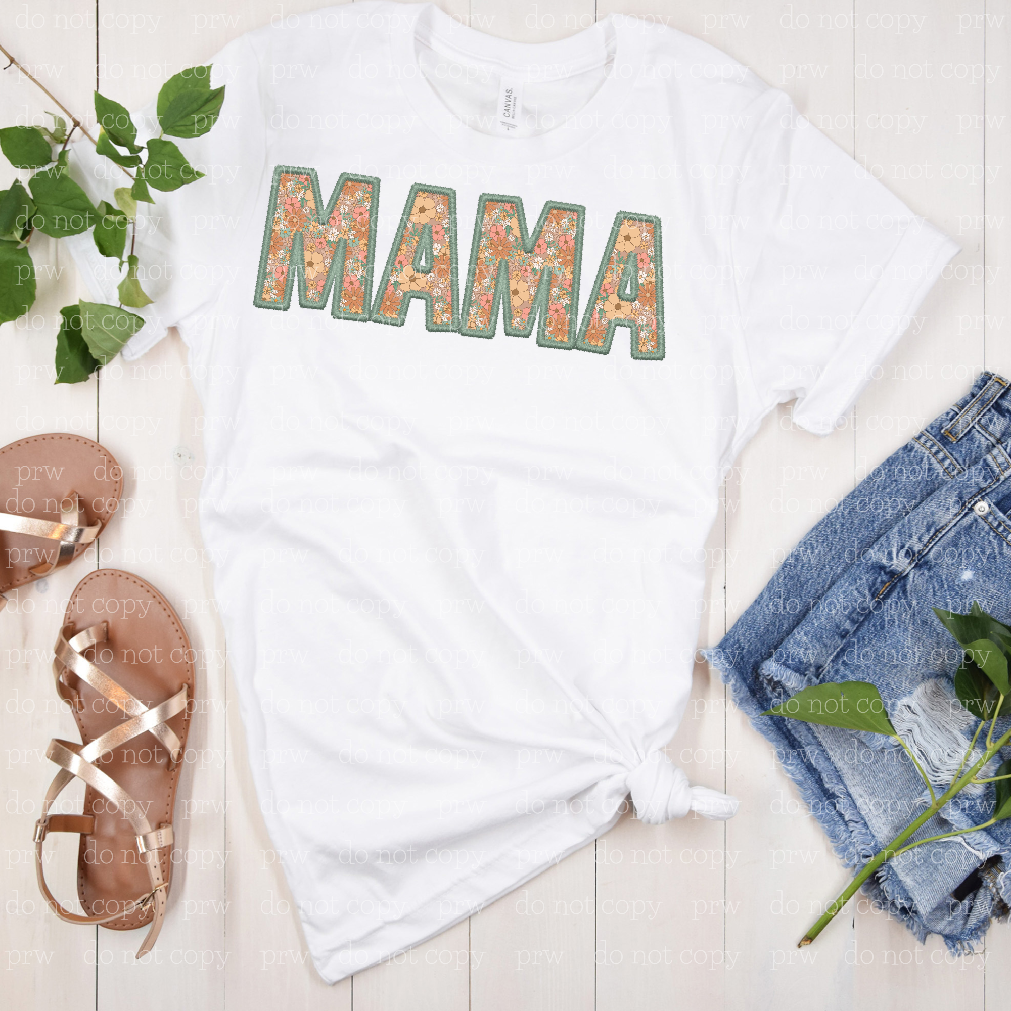 05-49 Pink and Green Floral Faux Embroidery DTF Transfer ONLY