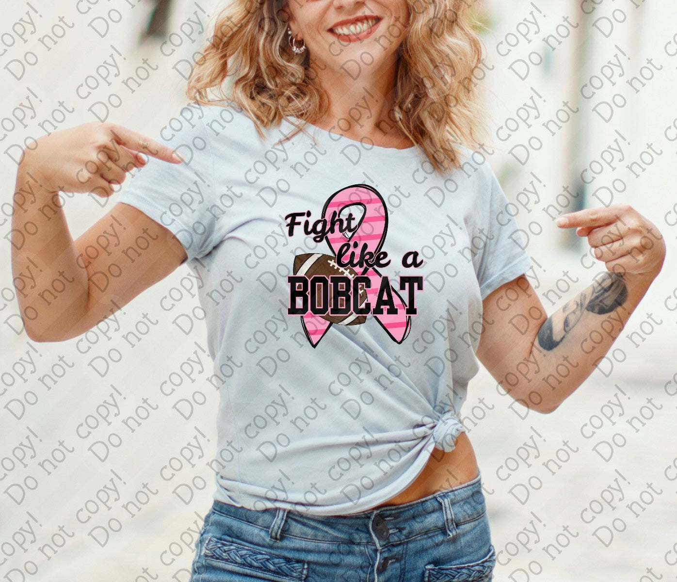 45-124 Fight like a Bobcat Breast Cancer Ribbon with Football Completed Tee