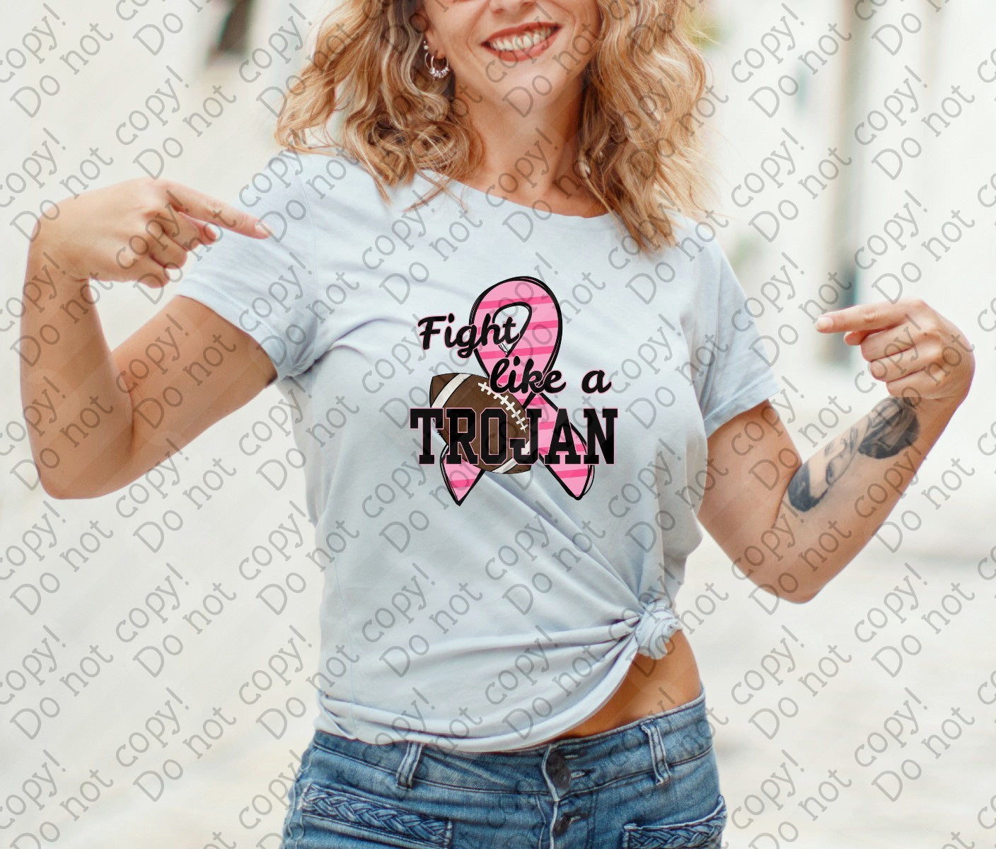 45-131 Fight like a Trojan Breast Cancer Ribbon with Football Completed Tee