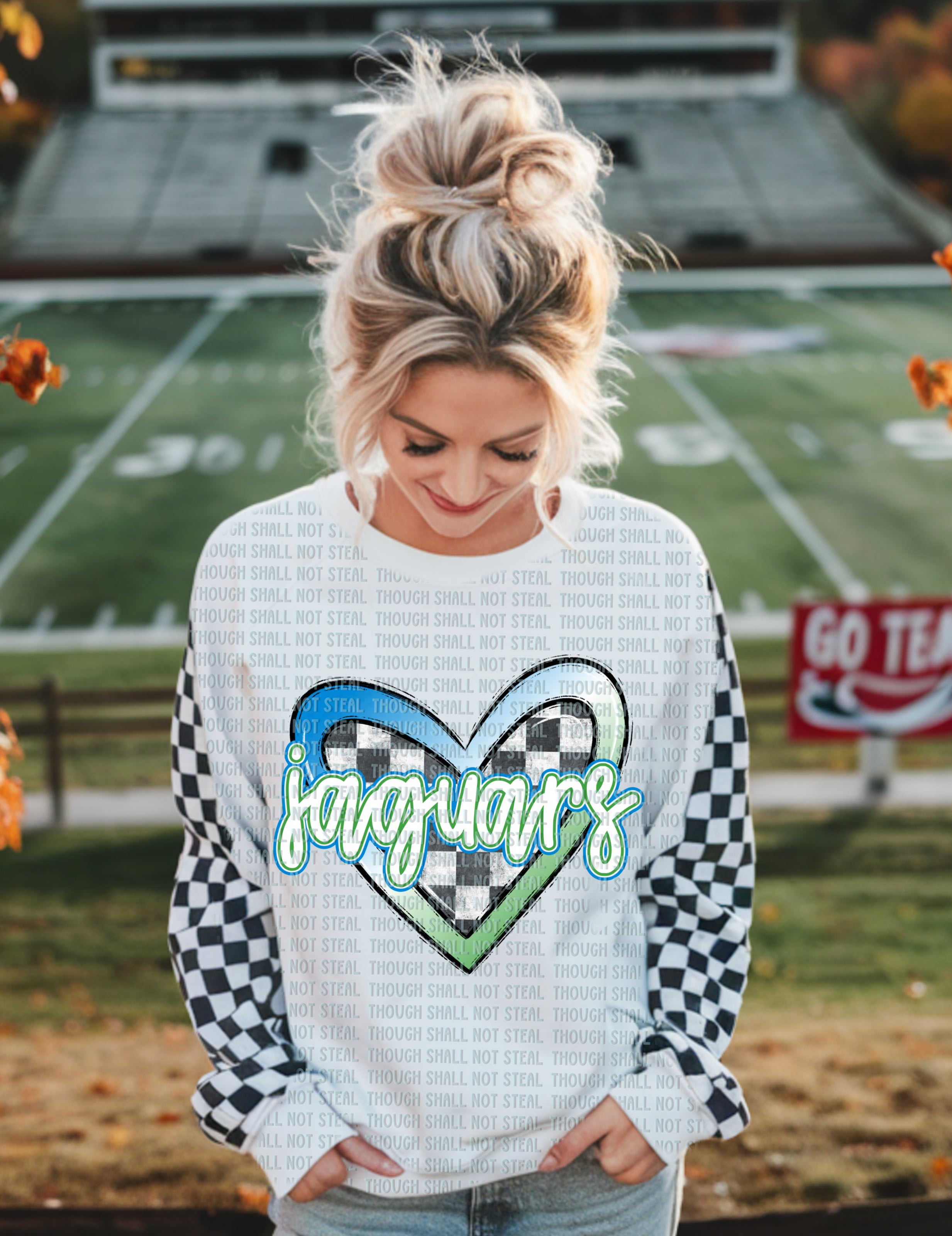 58-06 Blue Springs South Jaguars - Checkered Heart DTF TRANSFER ONLY