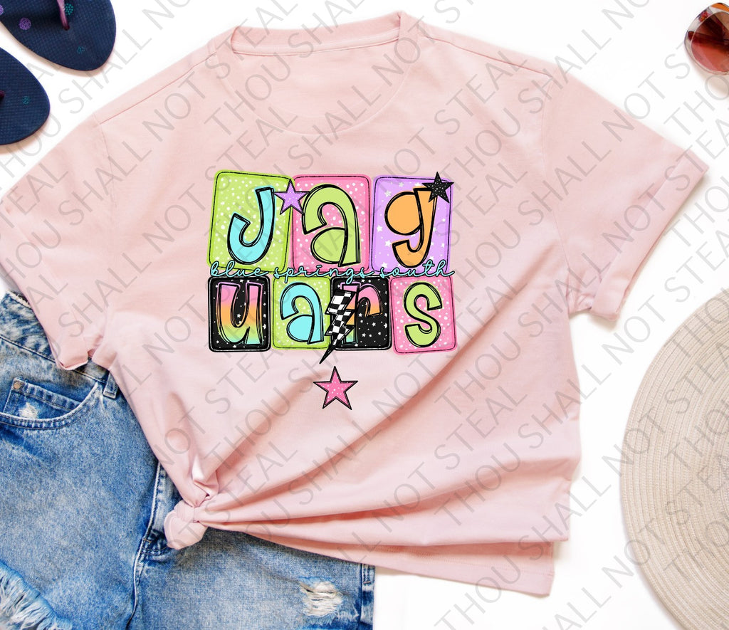 58-10 Blue Springs South High School Jaguars Block Words tee