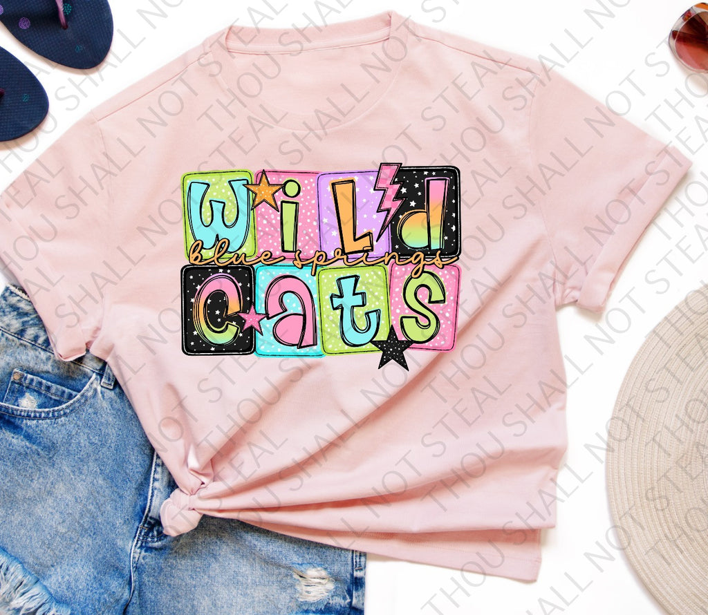 59-10 Blue Springs High School Wildcats Block Words tee