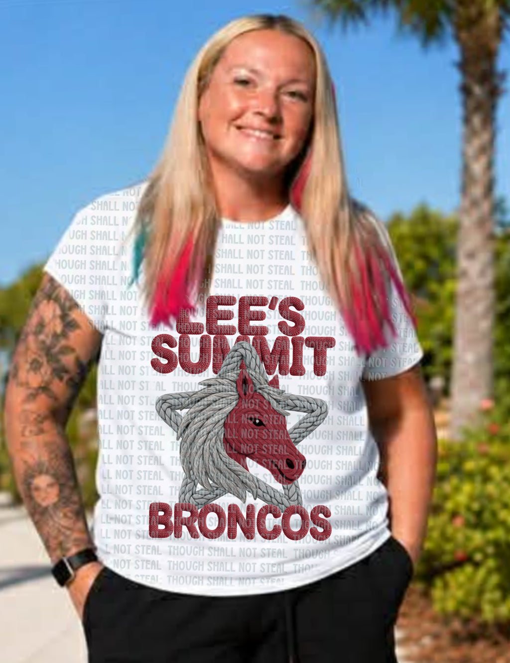 62-38 Lee_s Summit Broncos - Yarn Mascots Completed Tee