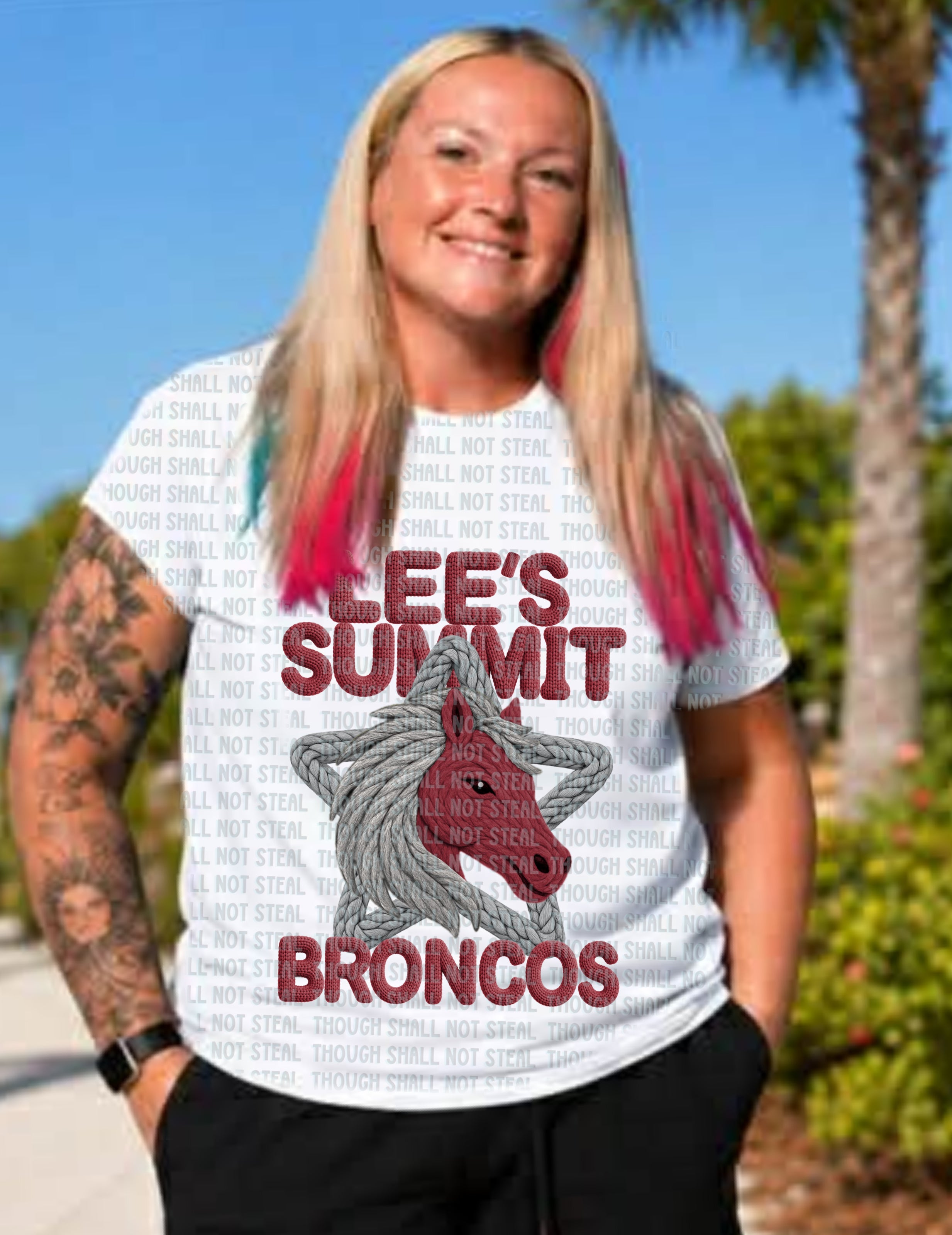 62-38 Lee_s Summit Broncos - Yarn Mascots Completed Tee