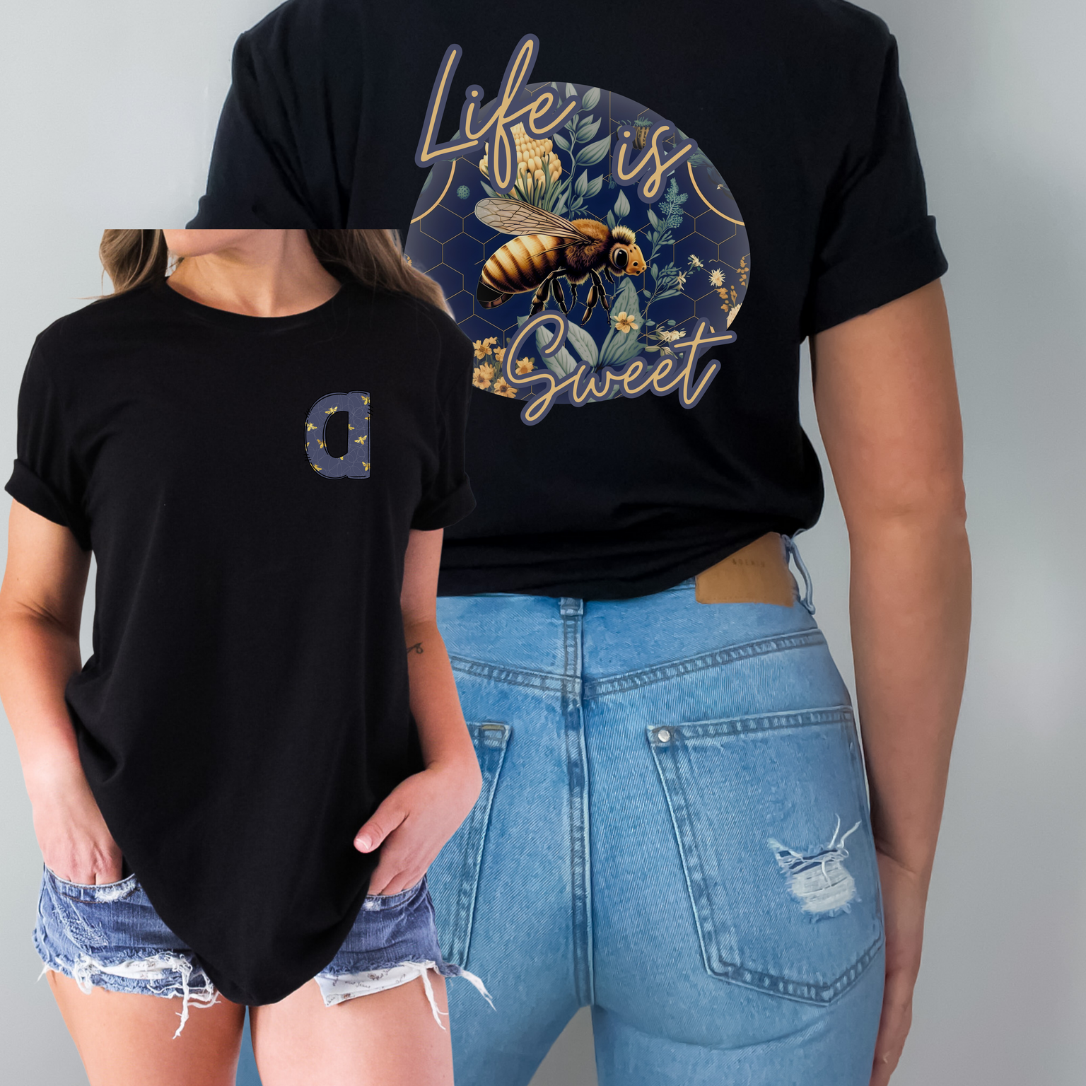 34-01 Life Is Sweet Bee Full Back & Matching Letter DTF TRANSFER ONLY