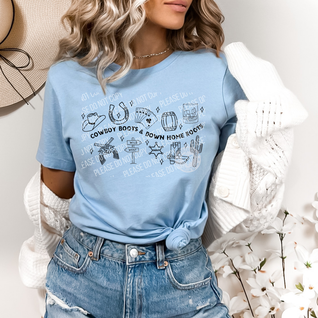 N-10 cowboy boots & down home roots Completed Tee