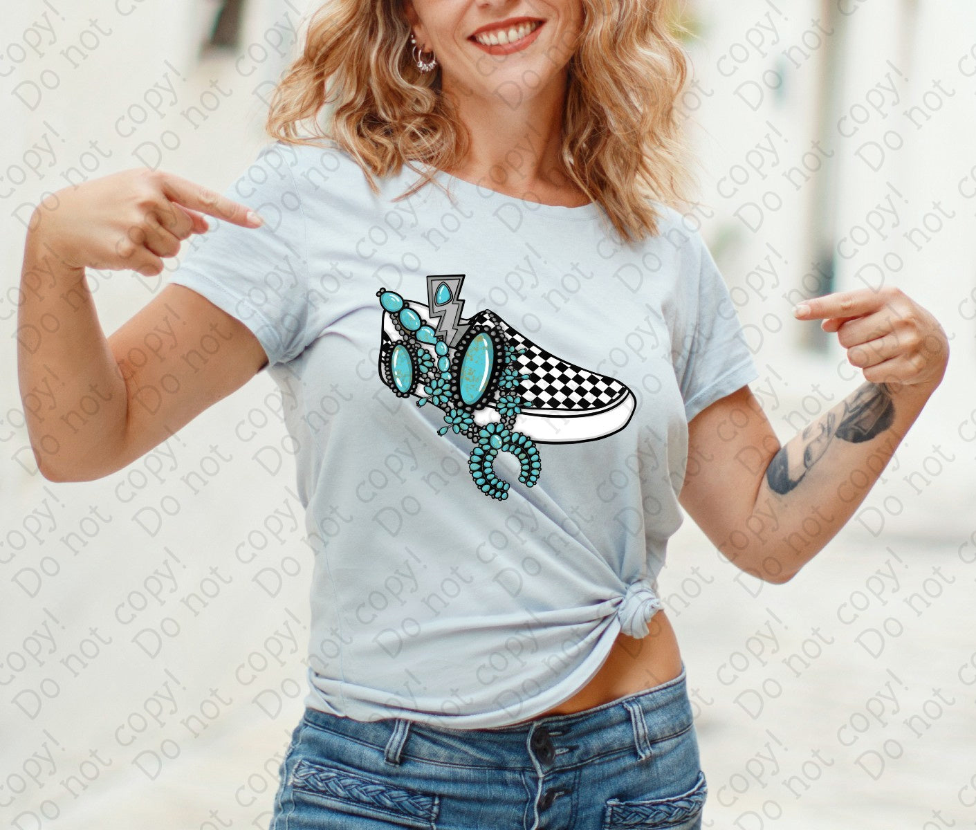 U-101 Black and White Checkered Sneaker with Turquoise DTF TRANSFER ONLY