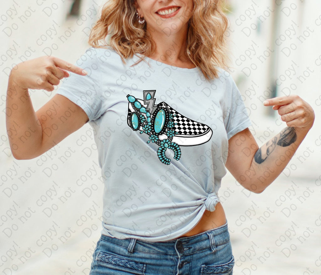 U-101 Black and White Checkered Sneaker with Turquoise Completed Tee