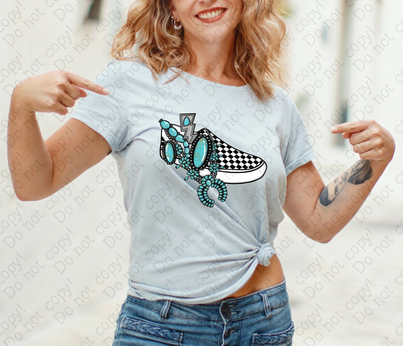 U-101 Black and White Checkered Sneaker with Turquoise Completed Tee