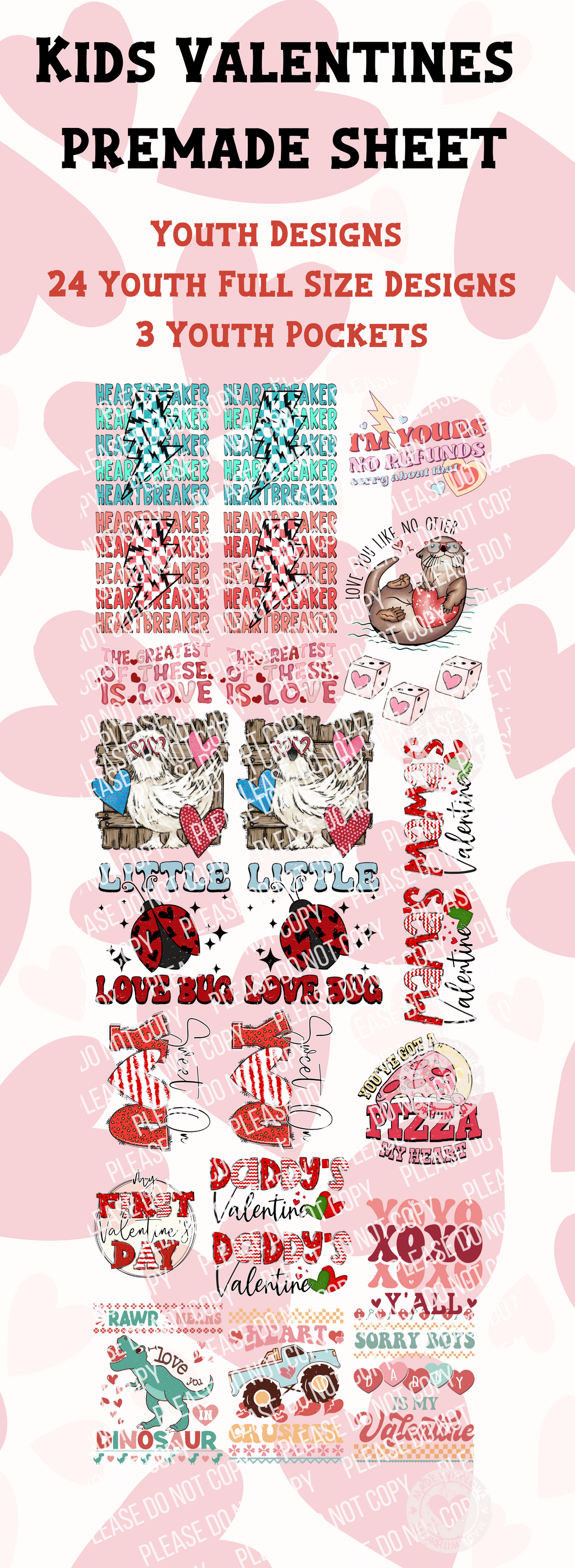 PD-2-5Y Pre-Designed Youth Valentine's Day Sheet 5 (60-inch sheet-DTF TRANSFER ONLY)