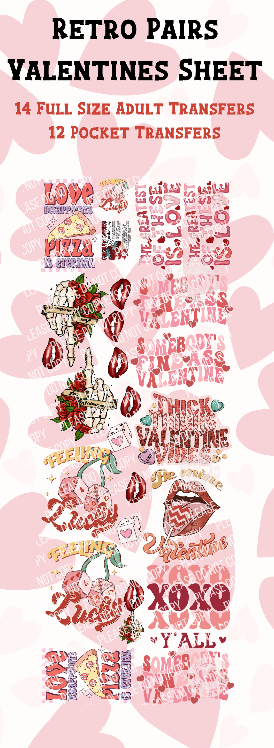 PD-2-6 Pre-Designed Retro Pairs Valentine's Day Sheet 6 (60-inch sheet-DTF TRANSFER ONLY)