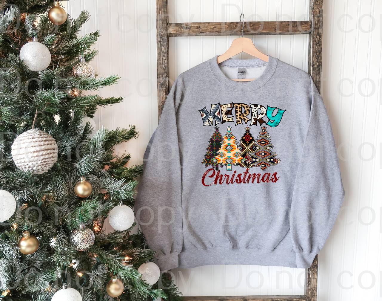 12-11 Merry Christmas boho with trees DTF TRANSFER ONLY