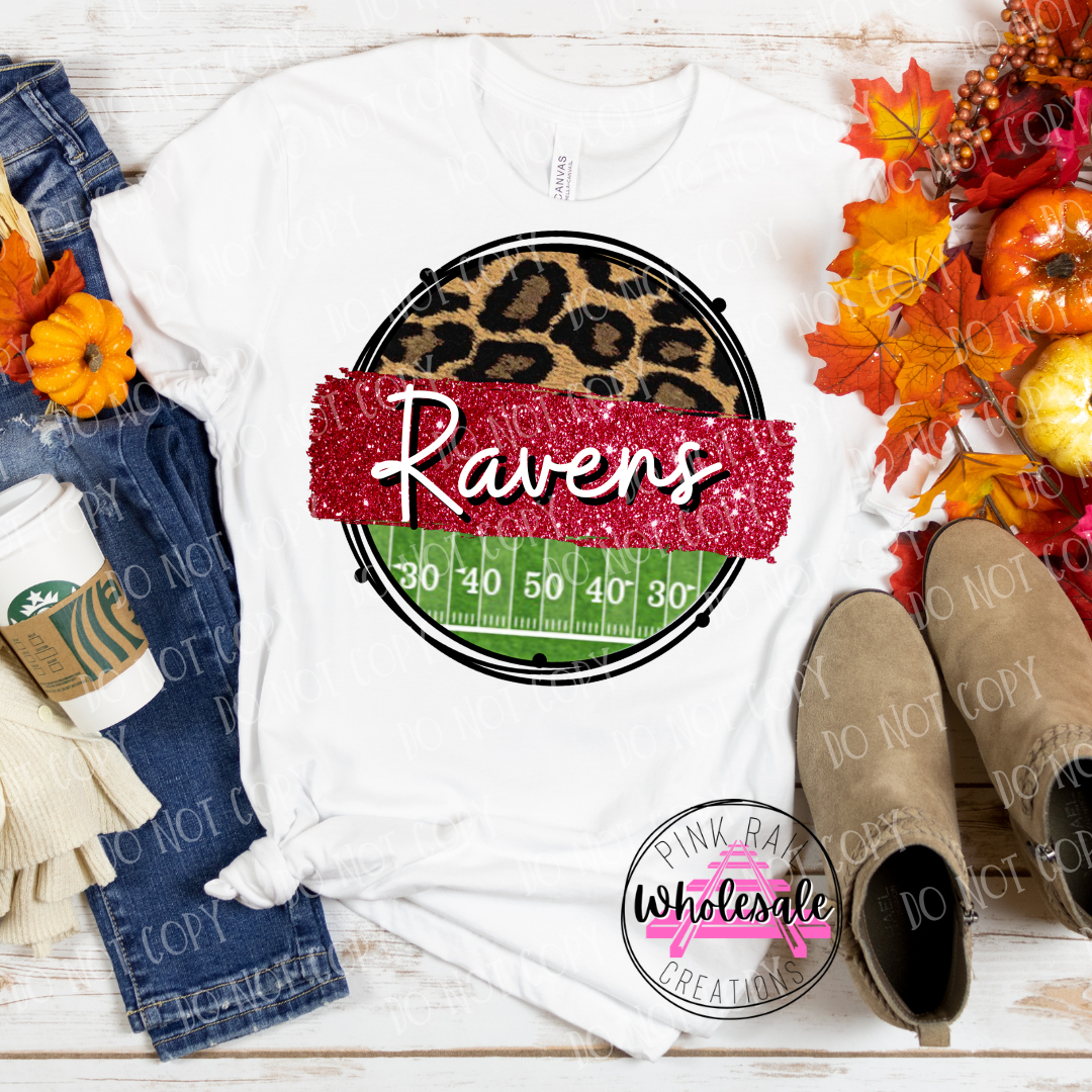 13-16 Red Glitter Cheetah Football Circle -  Customize Team in Notes DTF Transfer ONLY