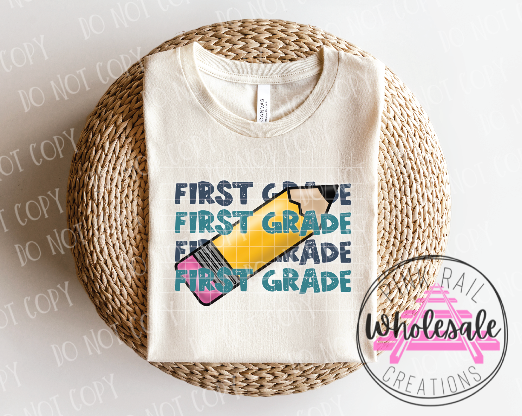 08-07-AQ First Grade Blues Block Letter Stacked Over Pencil DTF ONLY