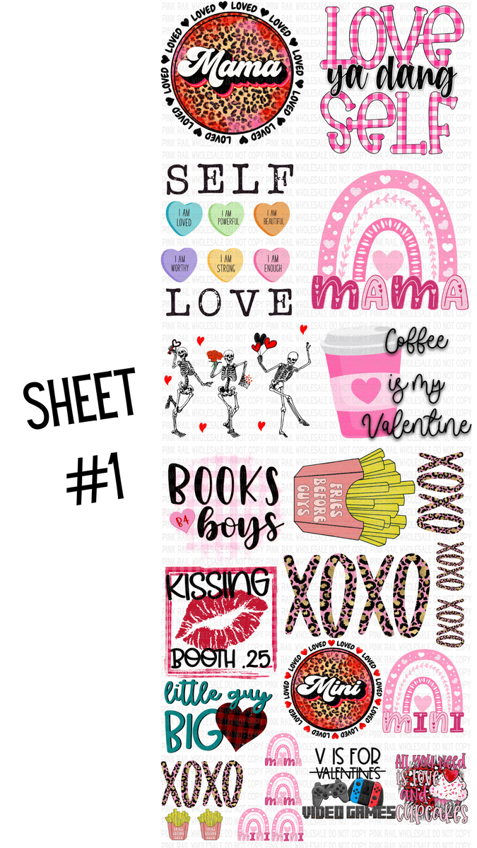 PD13 PreDesigned Valentine's Day Sheet 1 (60inch sheetDTF TRANSFER Pink Rail Creations